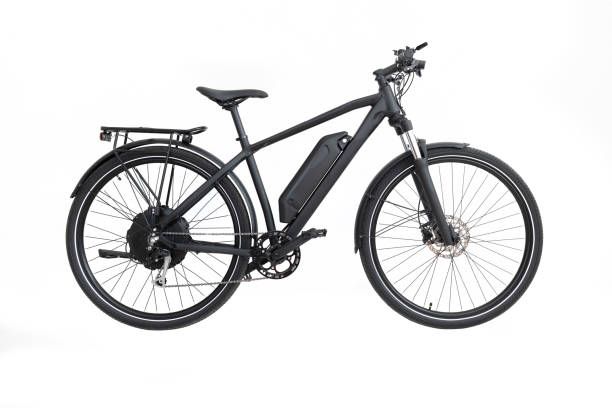 ブラック電動自転車 - 白い背景に隔離 - 鞍 ストックフォトと画像
