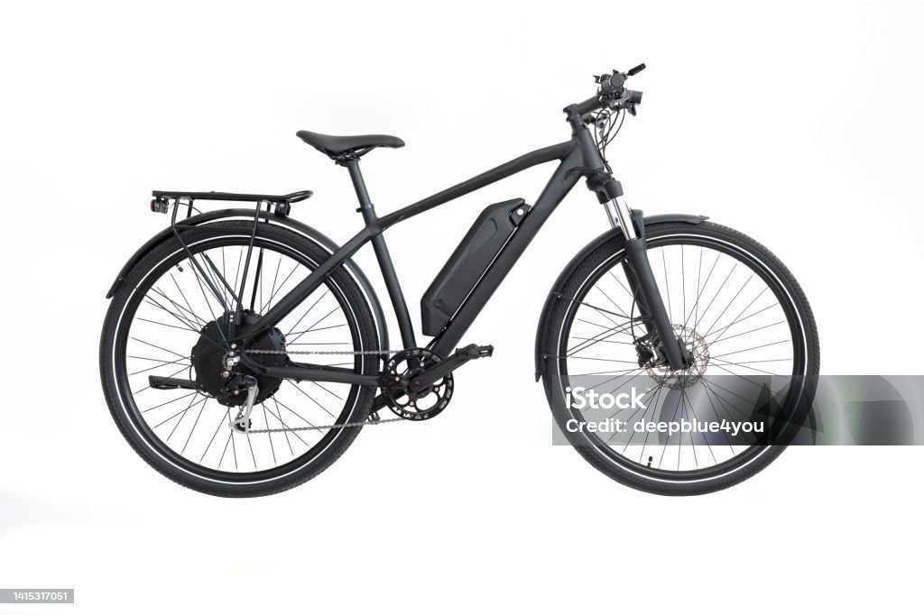 Black electric bike - Isolated on white background Side view of black trekking e-bike isolated against white background Electric Bicycle Stock Photo