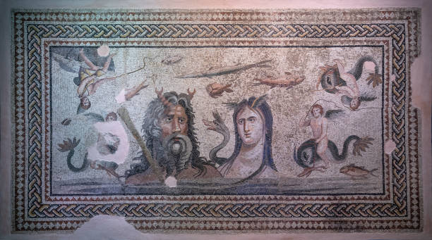 Oceanos and Tethys ancient mosaic. Oceanos and Tethys ancient mosaic. Zeugma Mosaic. snakes beard stock pictures, royalty-free photos & images