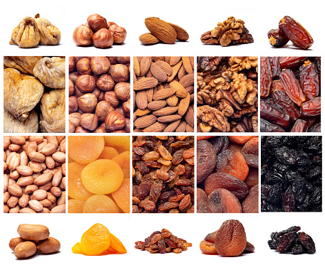 Collection of organic raw nuts and fruits with collage and isolated on white background