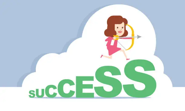 Vector illustration of Businesswoman running up a stairway to success, Steps to success, The next target