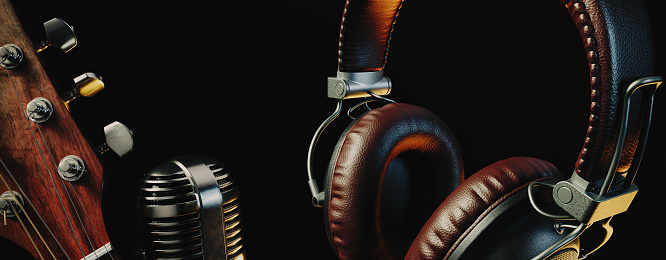 guitar, headphones, microphone on a black background. 3d render and illustration.