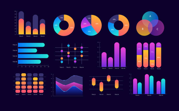 ilustrações, clipart, desenhos animados e ícones de estatísticas de negócios e modelo de design de gráficos infográficos de análise definido para tema escuro - tabela