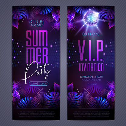 Summer tropic disco party poster with fluorescent tropic leaves and disco ball. Invitation design. Summer background. Vector illustration