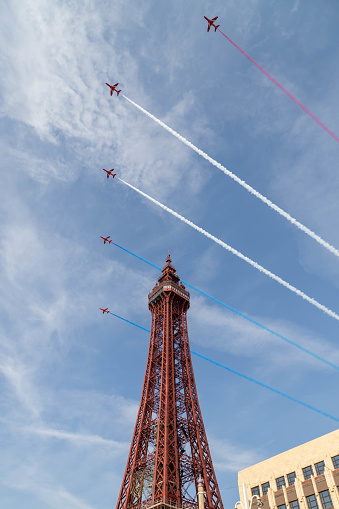 red arrows in formation with tower at blackpool airshow 2022