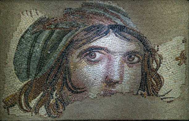Gypsy Girl Mosaic. The Gypsy Girl Mosaic of Zeugma. The mosaic is 2000 years old. And made by unknown artist from the ancient time. these mosaics are still in Gaziantep city of Turkey. byzantine stock pictures, royalty-free photos & images