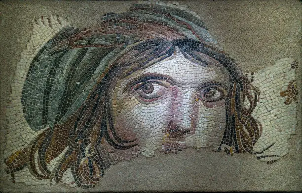 The Gypsy Girl Mosaic of Zeugma. The mosaic is 2000 years old. And made by unknown artist from the ancient time. these mosaics are still in Gaziantep city of Turkey.