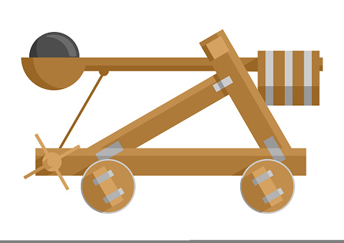 Onager illustration - ancient Romanian siege weapon throwing stones. Isolated vector machine in side view and flat style