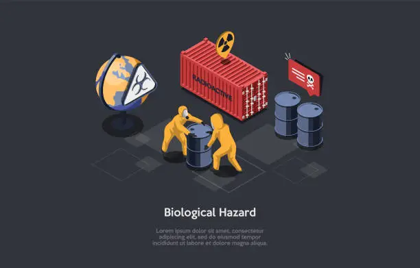 Vector illustration of Hazard And Biological Weapon Concept. Laboratory Scientists in Protective Uniform Moving Barrels With Dangerous Fluid. Nuclear Radiation Icon And Toxic Sign. Isometric Cartoon 3d Vector Illustration