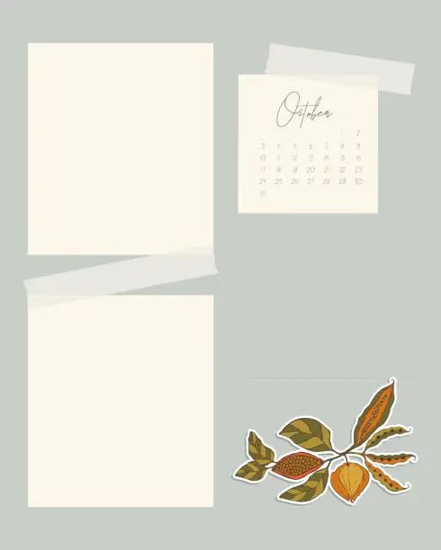 Vector illustration of Calendar October 2022 template collage vintage for notes reminder to do list scrapbooking sticker with autumn leaves.