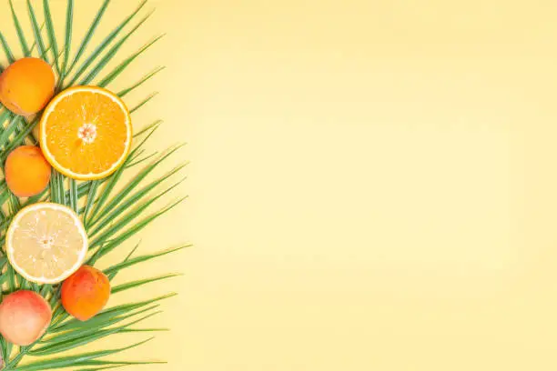 Bright summer background - creative composition with palm leaves, oranges, lemons and apricots