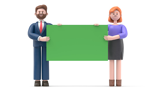Green Screen Mock-up. Format 16:9.3D illustration of cartoon characters holding an empty green placard for insert a conceptconceptual image on Green Screen for footage and clipping path.