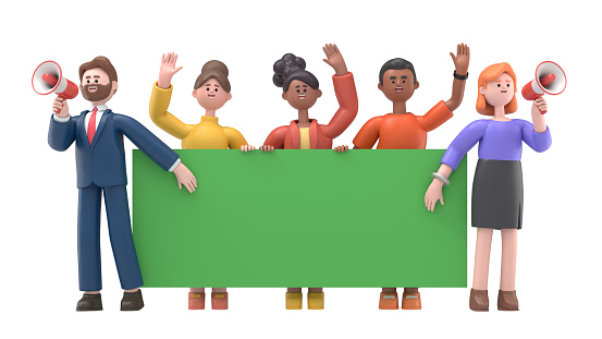 Green Screen Mock-up. Format 16:9.3D illustration of cartoon characters stand holding together green blank banner, waving hands on Green Screen for footage and clipping path.