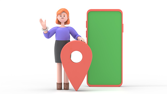 Green Screen Mock-up. Format 16:9.3D illustration of smiling businesswoman Ellen on smartphone on Green Screen for footage and clipping path.