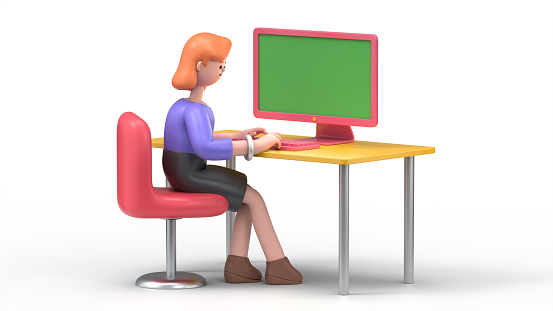 Green Screen Mock-up. Format 16:9.3D illustration of smiling businesswoman Ellen using laptop with blank screen on desk in home interior on Green Screen for footage and clipping path.