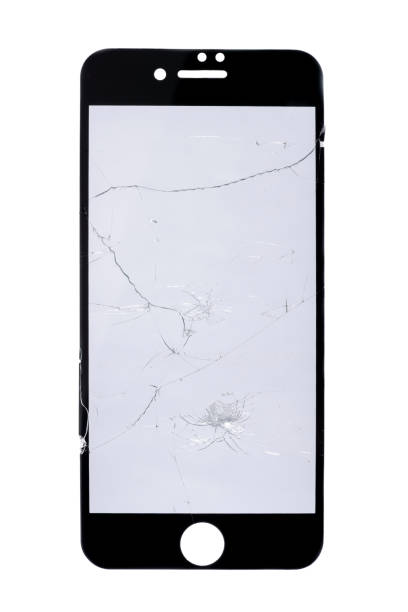 Cracked film screen cover of a smart phone isolated on white background