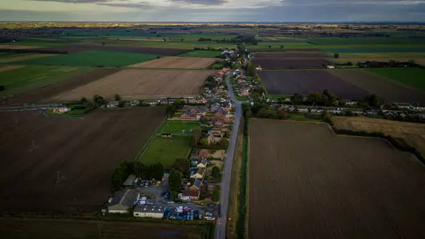 Aerial drone shot of Broadgate Crossroads, Weston Hills, Spalding, Lincolnshire looking east