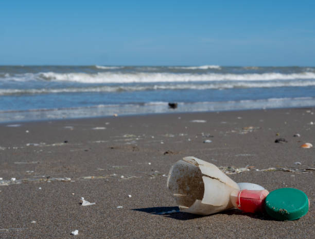 istock Plastic waste in the sand by the sea 1415339435