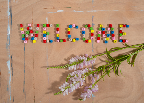 Welcome word made of number beads and flowers on wooden background. Back to school concept. Suitable for art or craft schools. Flat lay, top view.