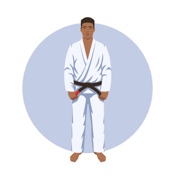 black man brazilian jiu-jitsu practitioner with black belt cartoon vector illustration. BJJ fighter in white GI. African-american grappler black man brazilian jiu-jitsu practitioner with black belt cartoon vector illustration. BJJ fighter in white GI. African-american grappler blackbelt stock illustrations