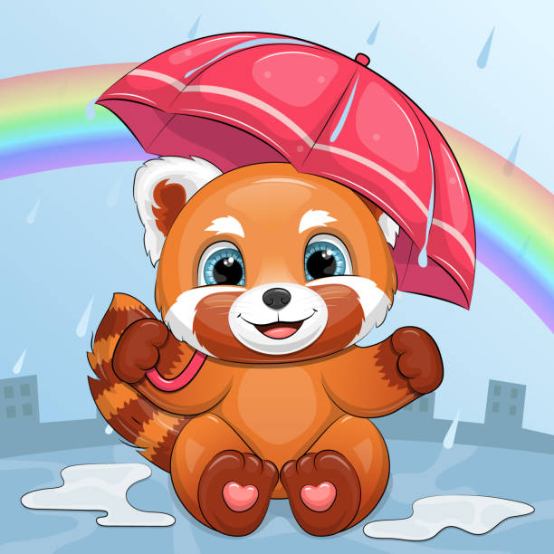 illustrations, cliparts, dessins animés et icônes de un mignon panda roux de dessin animé avec un parapluie est assis sous la pluie. - young animal baby panda red
