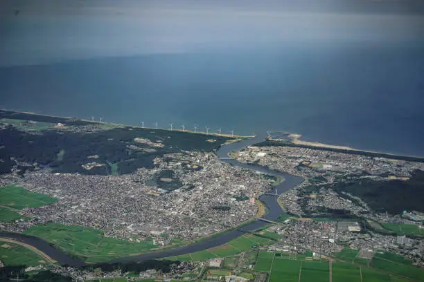 Aerial view of the seaside of Akita City. Shooting Location: Akita