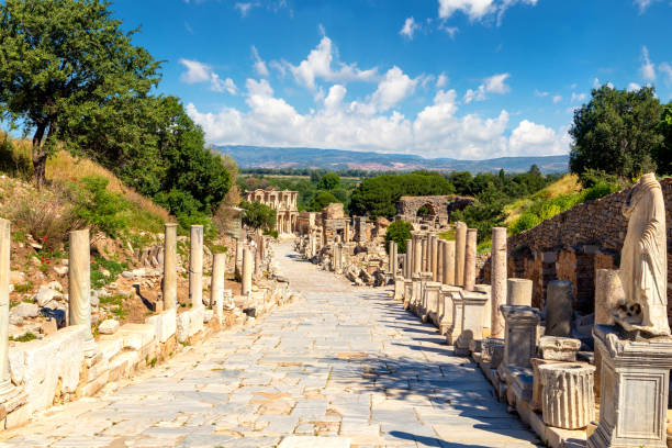 biblioteca celsius en la calle curetes en la antigua ciudad de éfeso. - ephesus fotografías e imágenes de stock