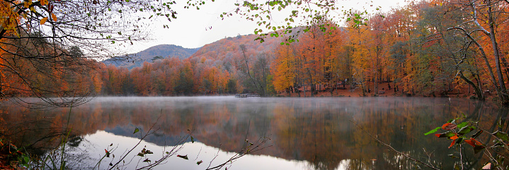 Fall color and lake at Jiuzhaigou, Sichuan, China.Jiuzhaigou Valley is a national park located in northwest Sichuan province. It is famous for many multi-colored lakes, waterfalls and snow-capped peaks and is often compared to the Yellowstone National Park in Wyoming.It is a UNESCO World Heritage site.