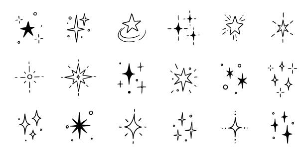 ilustrações de stock, clip art, desenhos animados e ícones de line star glitter shine of doodle set. star shine glow, spark glitter, sparkle light. hand drawn sketch doodle style. - christmas lights flash