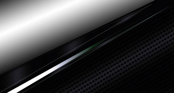 istock Abstract shiny black and silver futuristic background with diagonal striped lines and circles. 1415342621