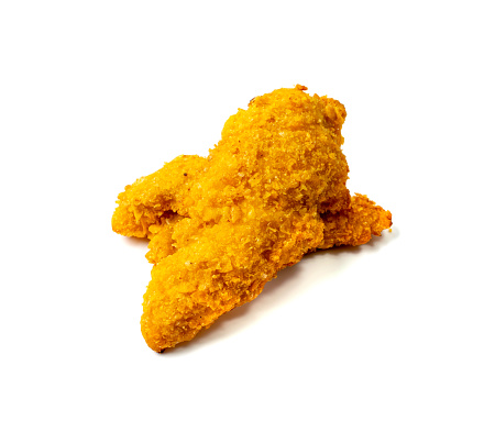 Chicken strips isolated. Breaded nuggets, crispy fry chicken breast, boneless meat, american deep fried crunchy fillet pieces on white background top view