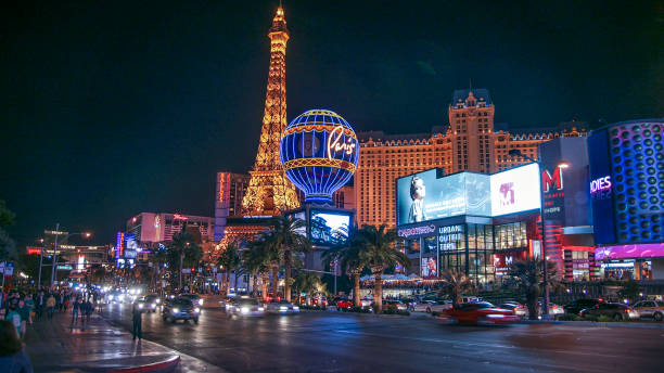 The United States of America (U.S.A. or USA), commonly known as the United States (U.S. or US) or America Las Vegas,USA - December 15, 2016 : Las Vegas, Nevada, United States : Panoramic view of the Las Vegas at night. Illuminated streets. las vegas stock pictures, royalty-free photos & images