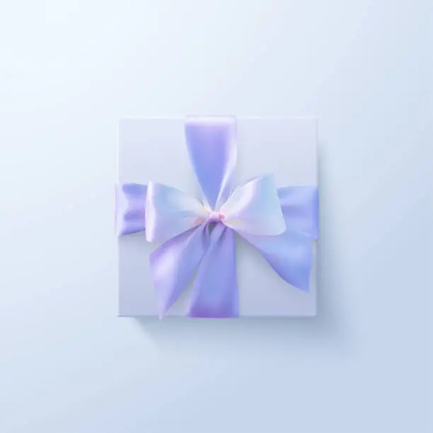 Vector illustration of White gift box with pastel purple bow and crossing ribbons isolated on white background.