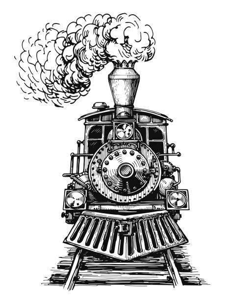ilustrações de stock, clip art, desenhos animados e ícones de old locomotive or train on railway. retro transport. hand drawn sketch vector illustration in vintage engraving style - railroad sign