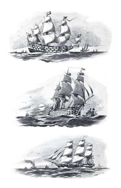 ilustraciones, imágenes clip art, dibujos animados e iconos de stock de colección de antiguos veleros ingleses antiguos de 1600,1700,1800. barco viejo dibujado a mano ilustración. - etching sailing ship passenger ship sea