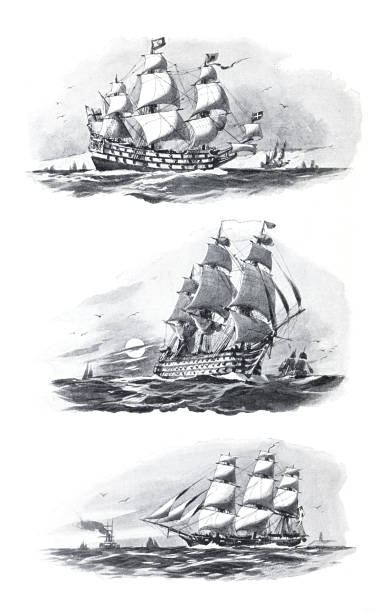 ilustrações, clipart, desenhos animados e ícones de antiga coleção de veleiros ingleses antigos de 1600.1700.1800. ilustração de barco velho desenhado à mão. - etching sailing ship passenger ship sea