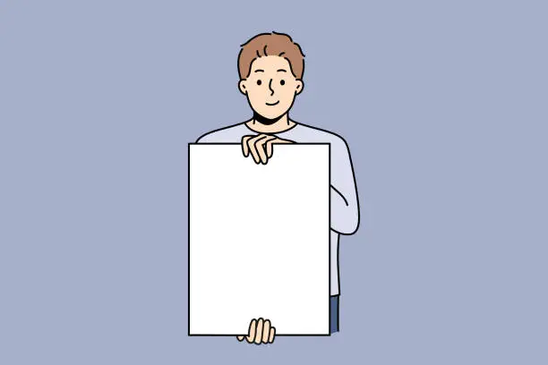 Vector illustration of Smiling man holding white mockup poster