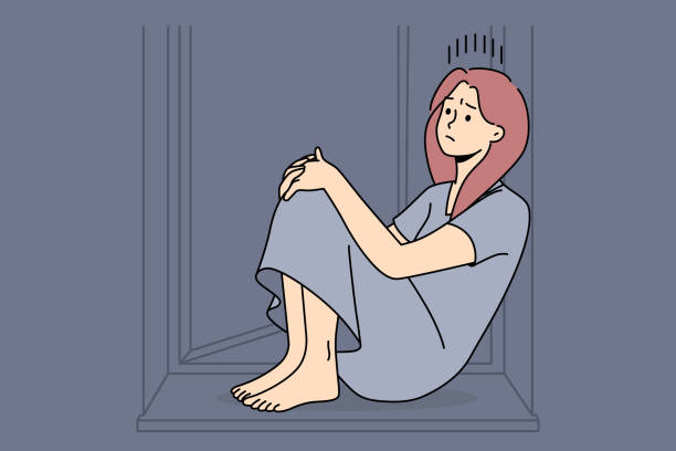 Unhappy woman sit on windowsill suffer from solitude vector art illustration