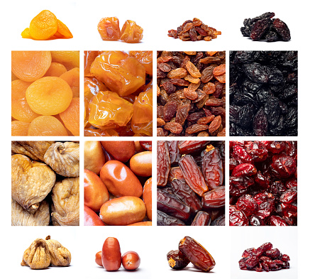 Different kinds of dried fruits collected in one frame.
