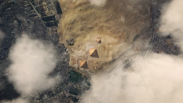 Top aerial view of the Pyramids of Giza. Cairo, Egypt