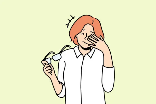 Vector illustration of Unhealthy woman take off glasses suffer from headache