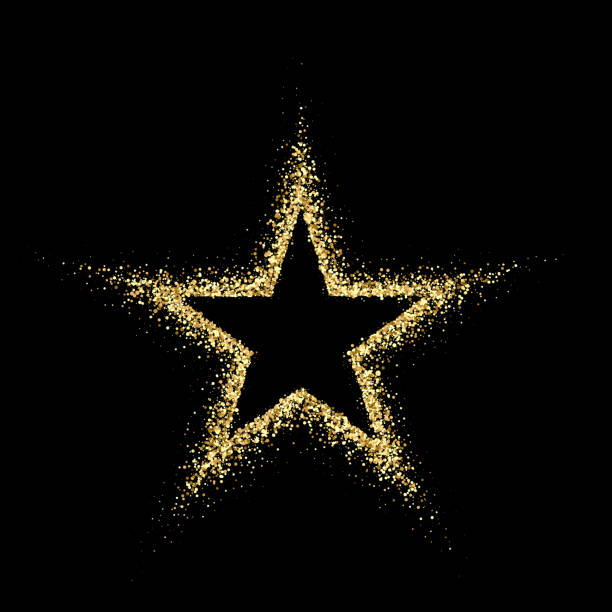 illustrations, cliparts, dessins animés et icônes de étoile avec des paillettes dorées. poussière d’or vectoriel isolée sur fond noir. modèle pour cartes postales, invitations de mariage, affiches de vacances et dépliants. - confetti gold black star shape