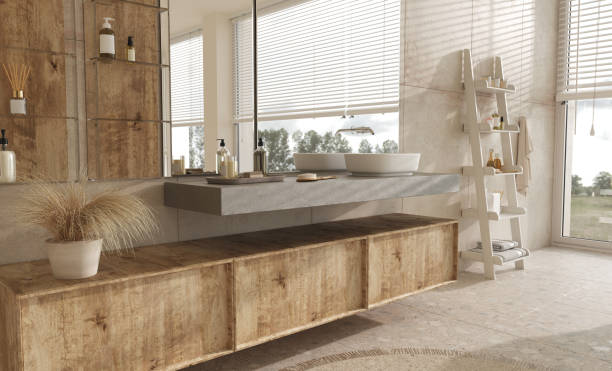 istock Mock up in bathroom interior. Bathtub with sink and decor. High quality 3d render illustration. Modern bath in scandinavian apartment. 1415352898