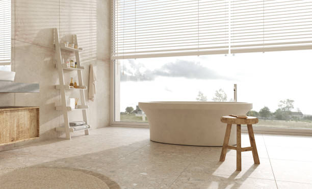 istock Stylish bathroom interior with ladder, bath and stool. High quality 3d render illustration. Light room in pastel color. 1415352900