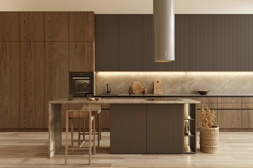 Minimal modern dark wooden kitchen. Interior design apartment with scandinavian style. Brown color kitchen island. 3d render illustration.