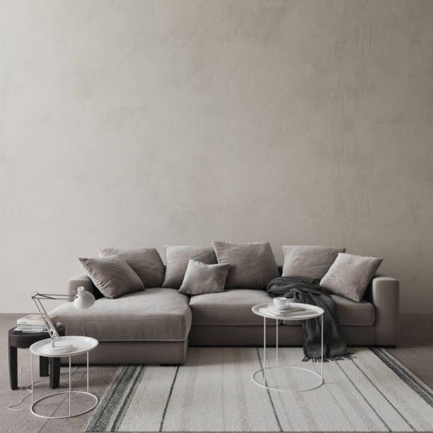 istock Modern minimalism living room interior. High quality illustration home interior. Gray empty wall mock up. 3d rendering illustration. 1415353001