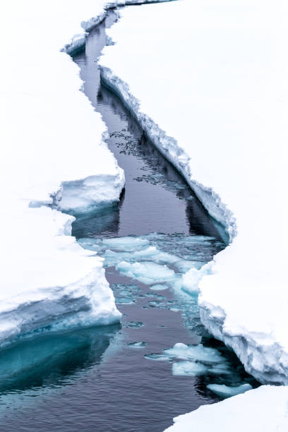 una crepa nel ghiaccio. la piattaforma di ghiaccio si apre quando passa una nave rompighiaccio. svalbard, un arcipelago norvegese tra la norvegia continentale e il polo nord e nel circolo polare artico - ice pack foto e immagini stock