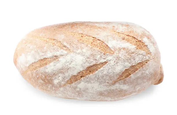 Loaf of tasty wheat sodawater bread isolated on white, top view