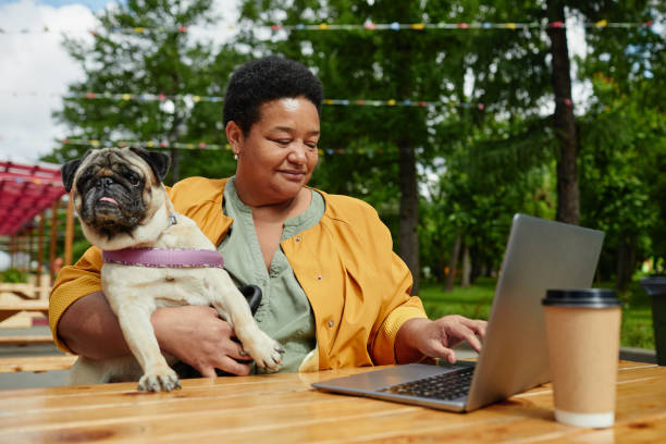 frau mit hund im outdoor cafe - people business dog owner stock-fotos und bilder