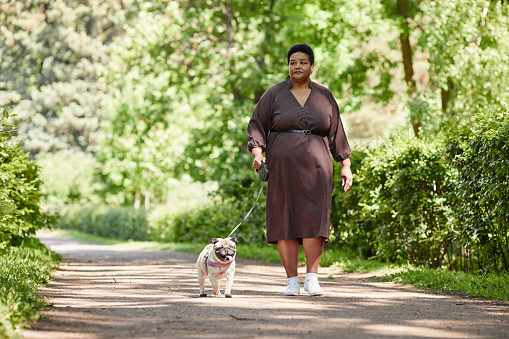 Full length portrait of elegant mature woman wearing dress while walking little dog in park, copy space